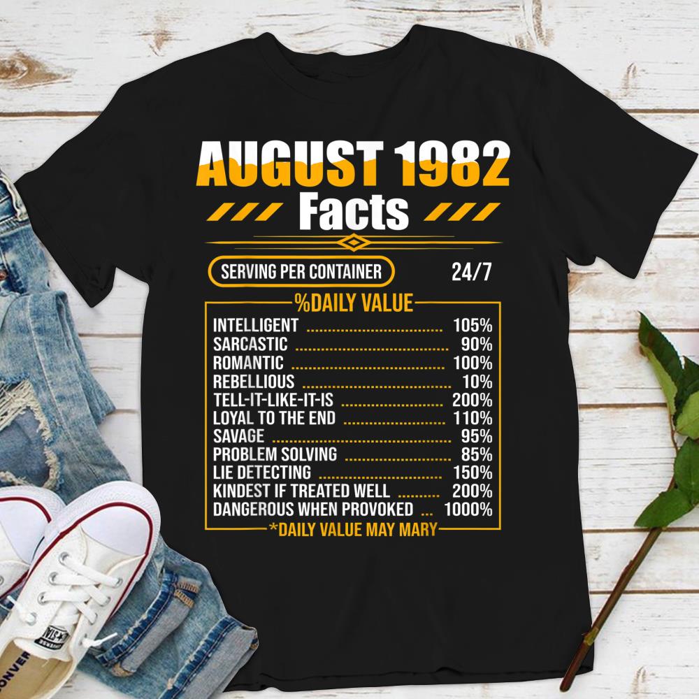 August 1982 Funny Nutrition Facts 37th Birthday Gift T-Shirt