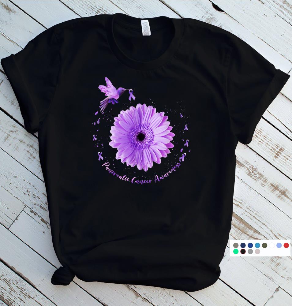 Hummingbird Purple Sunflower Pancreatic Cancer Awareness T-Shirt