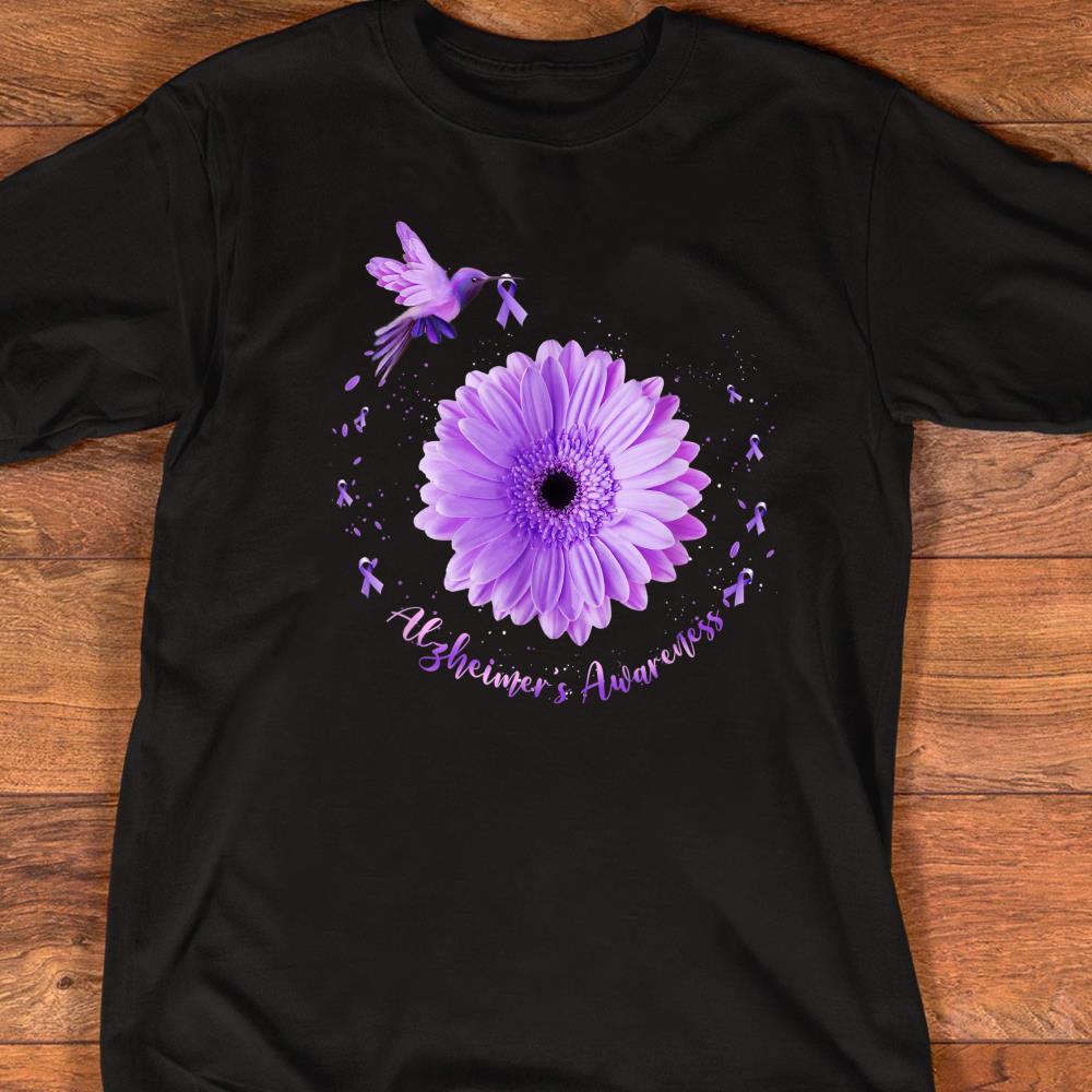 Hummingbird Sunflower Purple Ribbon Alzheimers Awareness T-Shirt